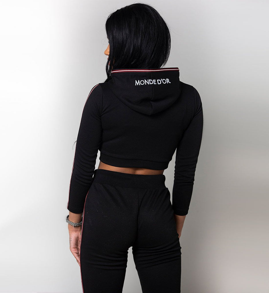 black tracksuit hoodie with logo on hood