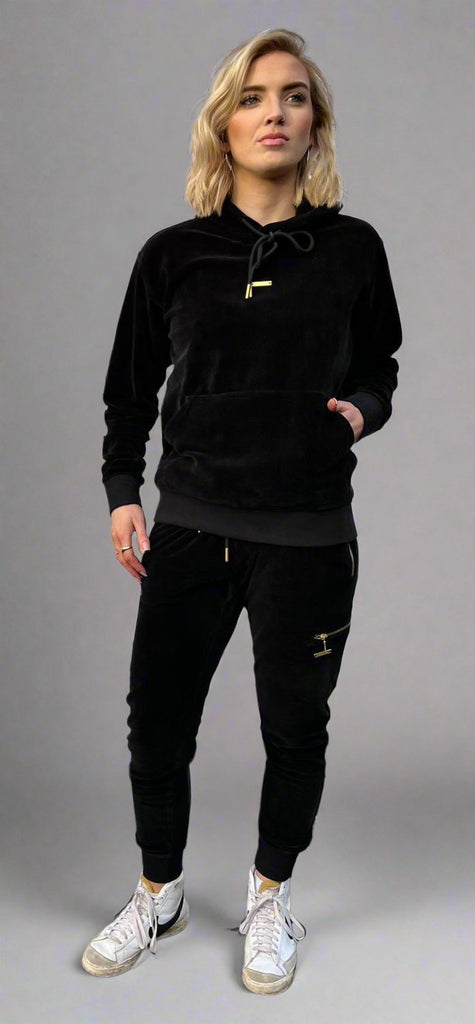 velour hoodie in black by Monde D'or