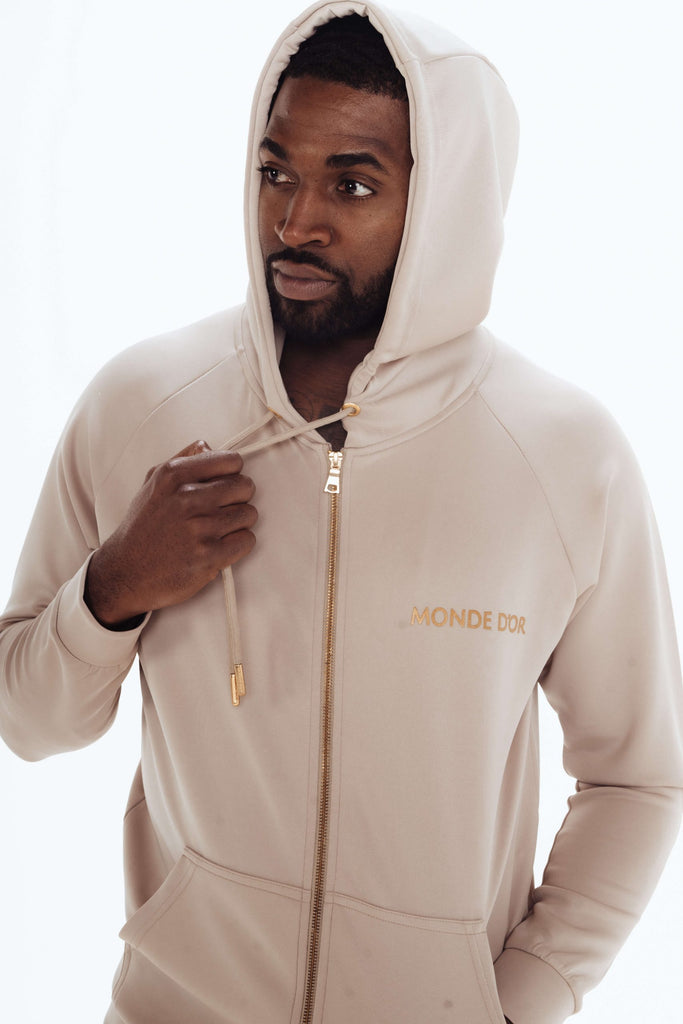 mens beige gold zip hoodie