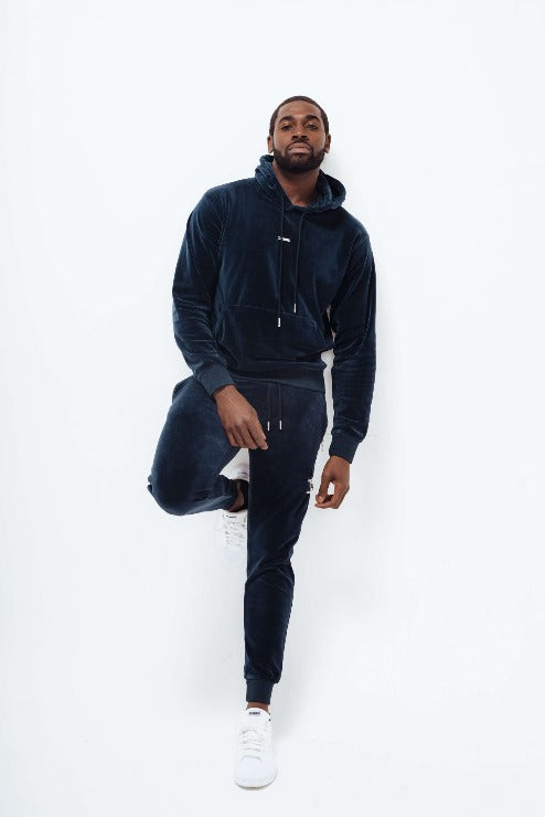 Mens Velour Hoodie in navy